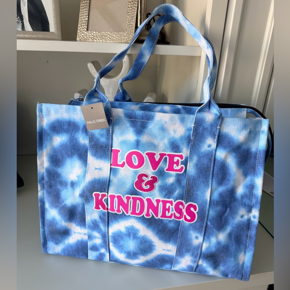 FALLS CREEK Tie Dye Blue White Love Kindness Tote Shoulder Canvas Purse Bag NEW